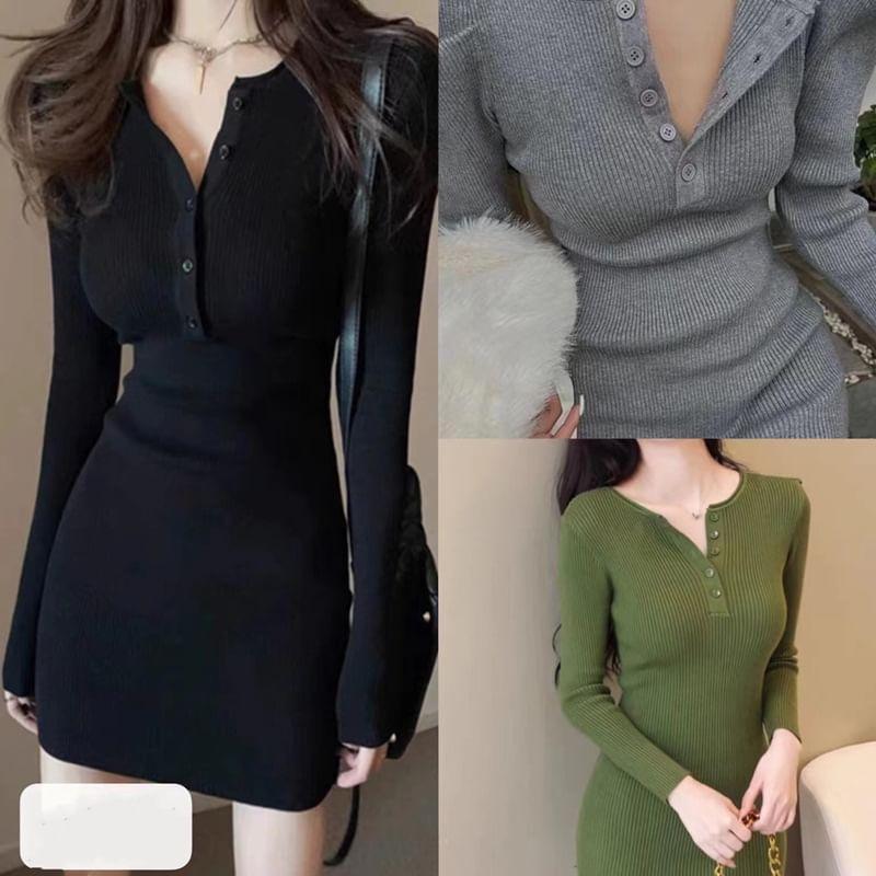 Long-Sleeve Half Buttoned Plain Knit Mini Bodycon Dress Product Image