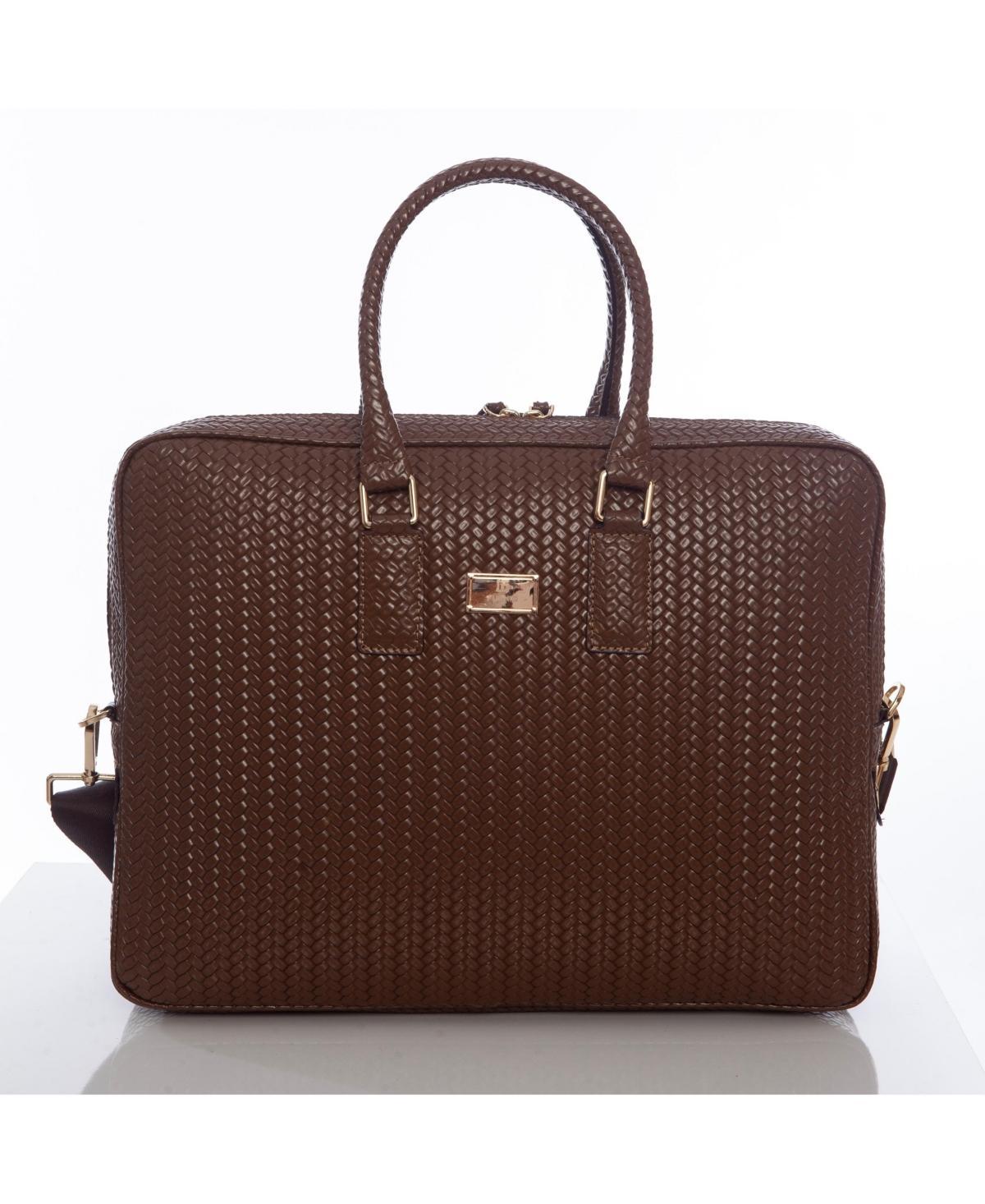 Mens Genuine Leather Laptop Bag & Briefcase, Weave Pattern - Brown Product Image