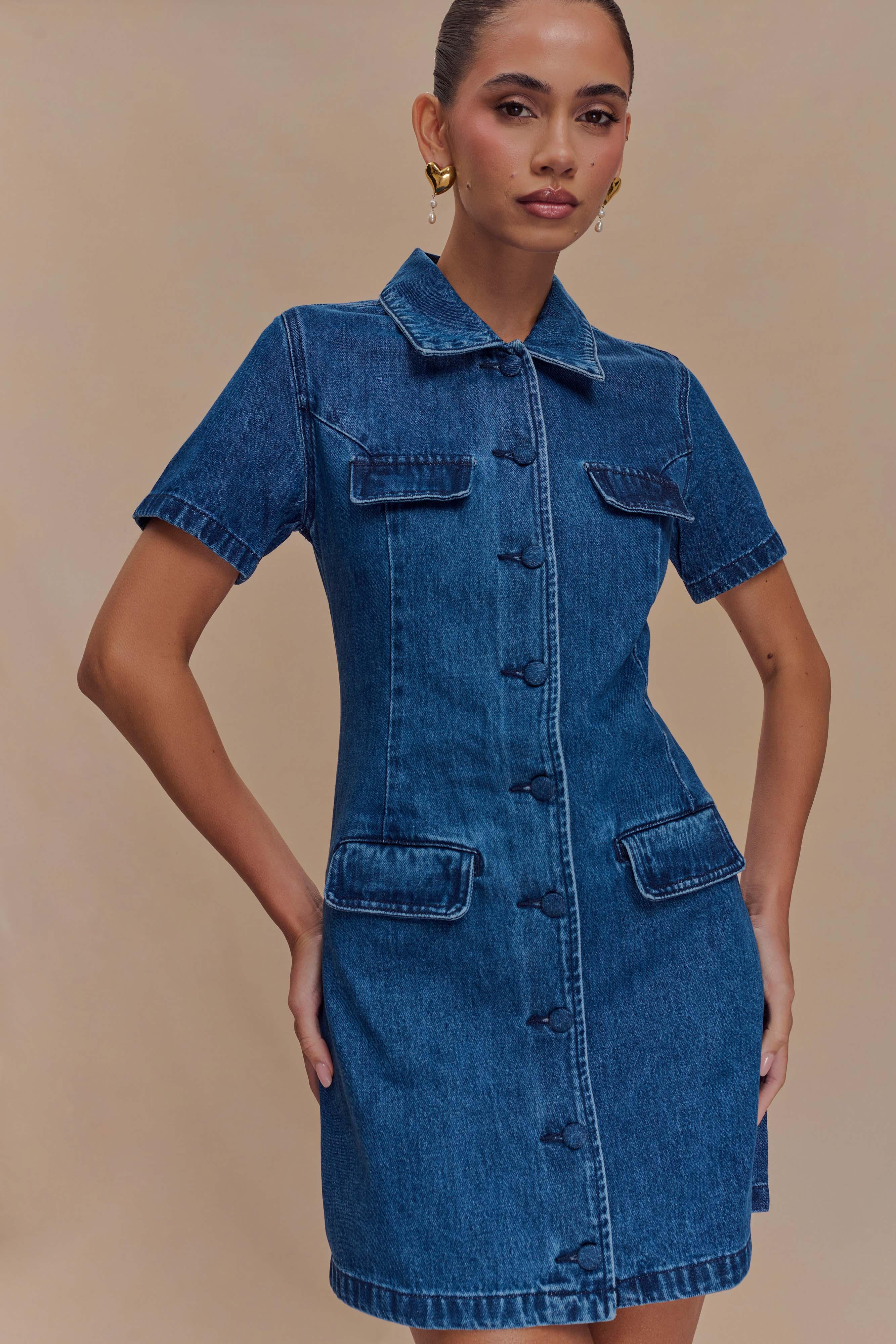 Leighton Denim Button Down Mini Dress - Dark Blue Product Image