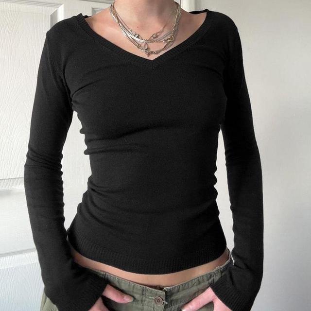 Long-Sleeve Plain V-Neck Sweater Product Image