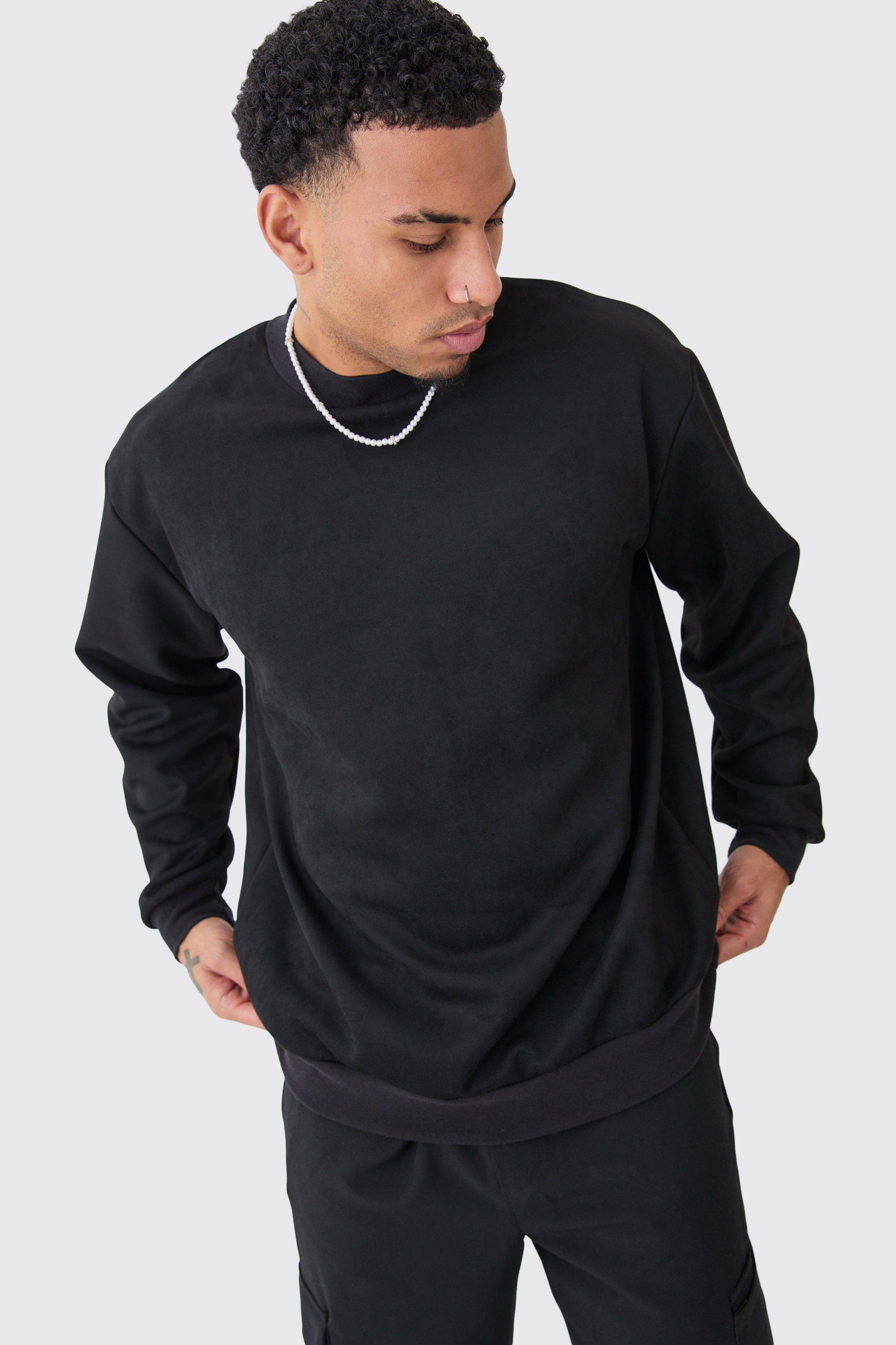 Mens Black Oversized Extended Neck Faux Suede Sweatshirt, Black Product Image