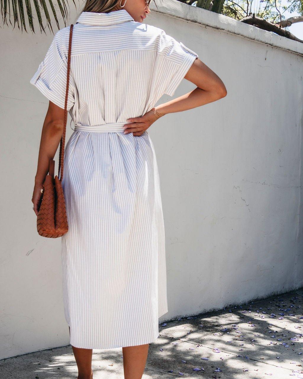 Taupe Stripe Belted Midi Dress - FINAL SALE Female Product Image