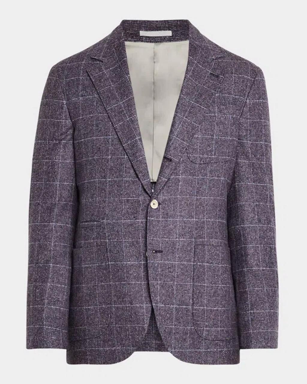 BRUNELLO CUCINELLI Check Pattern Wool-silk Blend Blazer Jacket In Iris Product Image