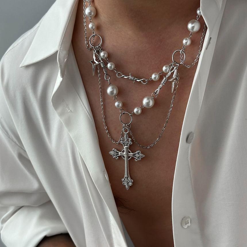 Cross Pendant Faux Pearl Layered Necklace Product Image