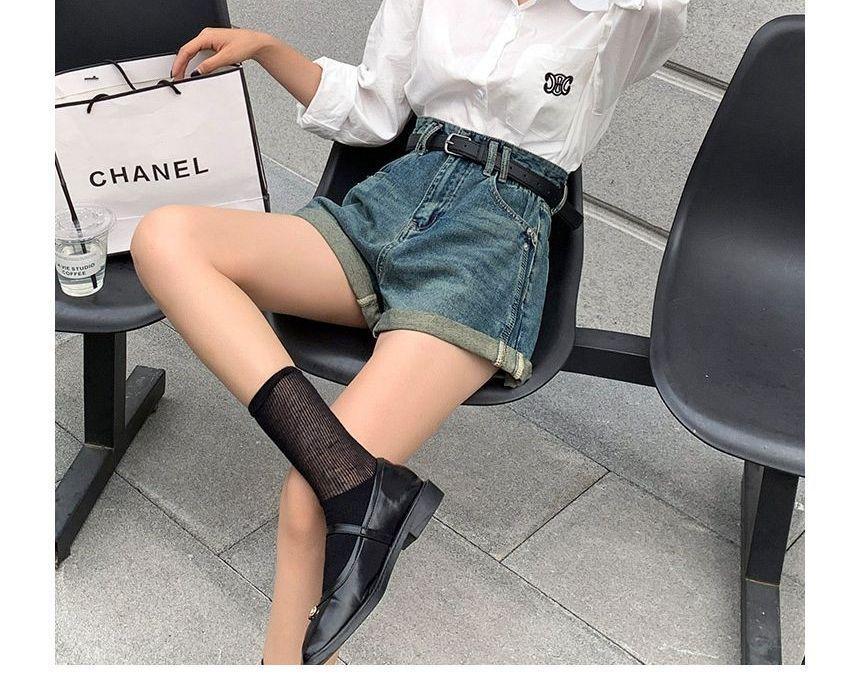 High Waist Roll Up Hem Denim Shorts Product Image