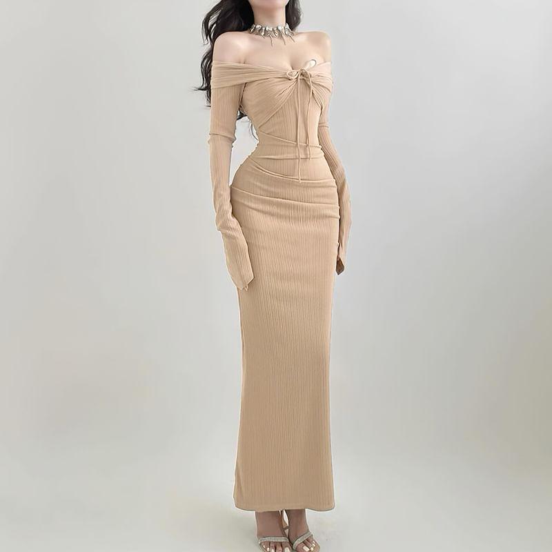 Long-Sleeve Off Shoulder Plain Maxi Sheath Dress Product Image