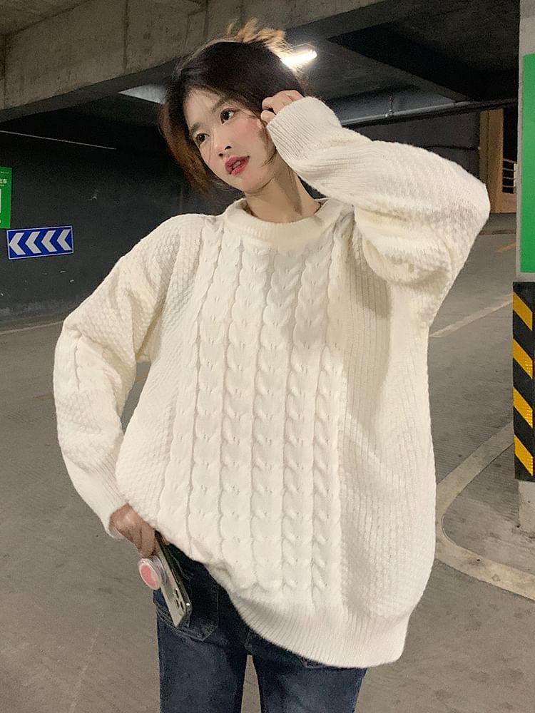 Round Neck Cable-Knit Sweater Product Image