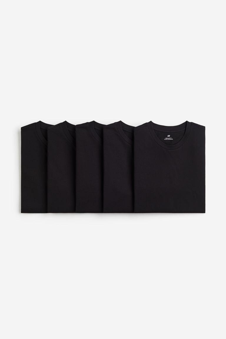 H & M - 5-pack Regular Fit T-shirts - Black Product Image