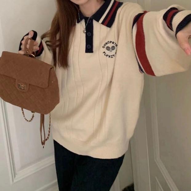 Long Sleeve Color-Block Striped Loose-Fit Polo Sweater Product Image