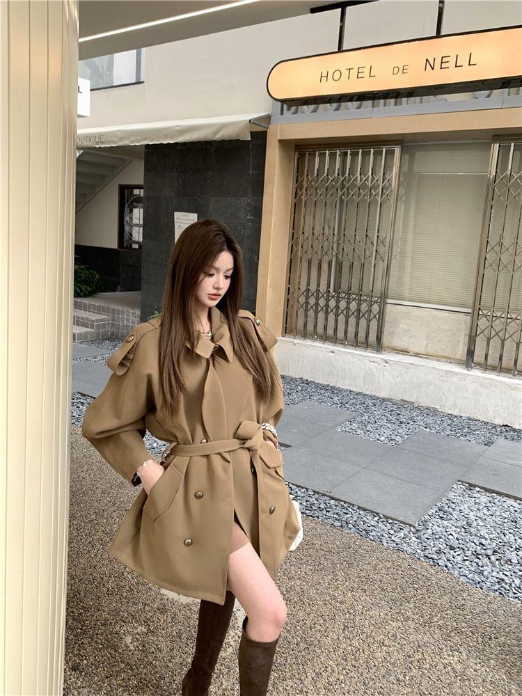 Lapel Collar Plain Double-Breasted Trench Coat Product Image