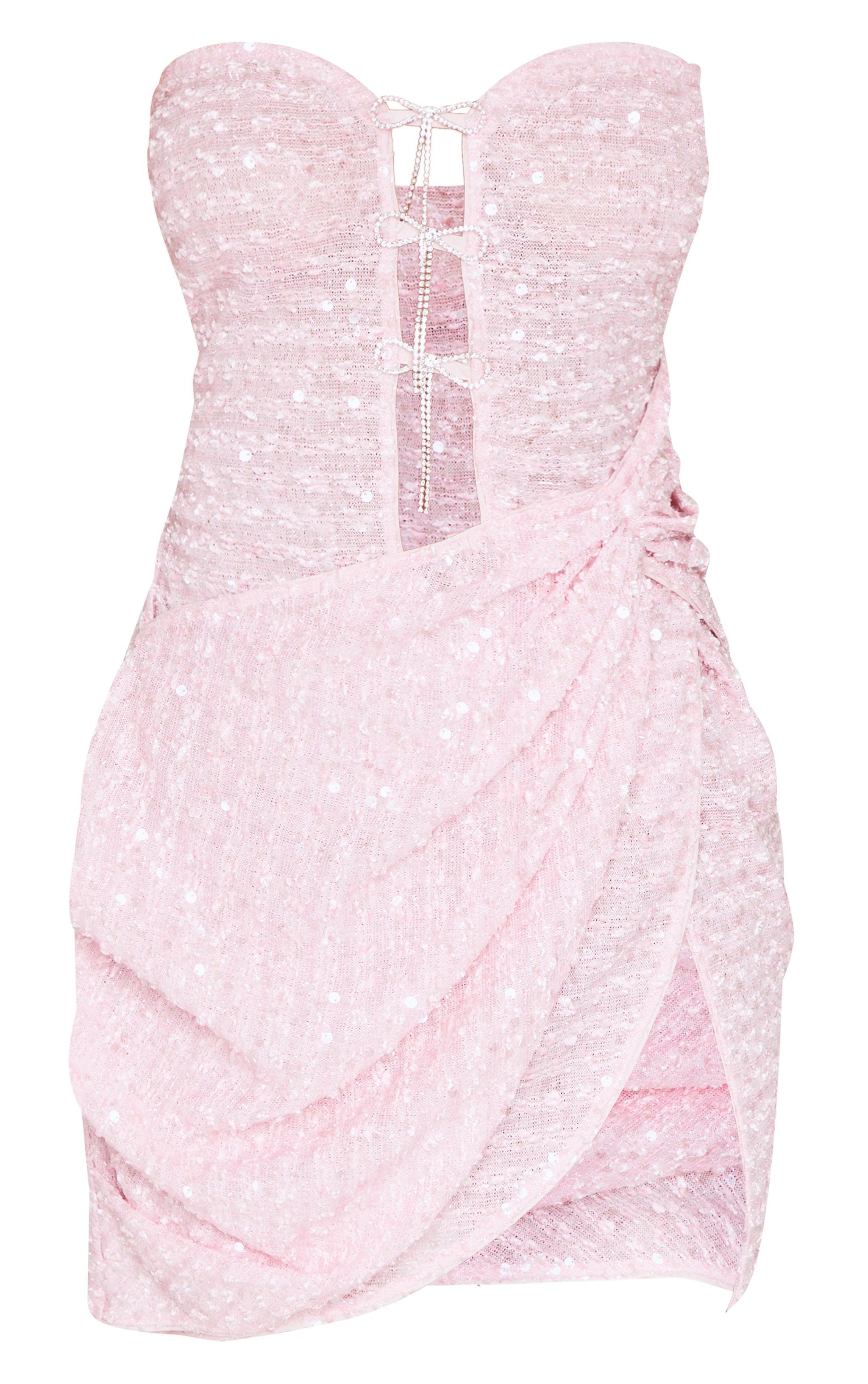 Petite Pink Bow Embellished Bandeau Sequin Mini Dress Product Image