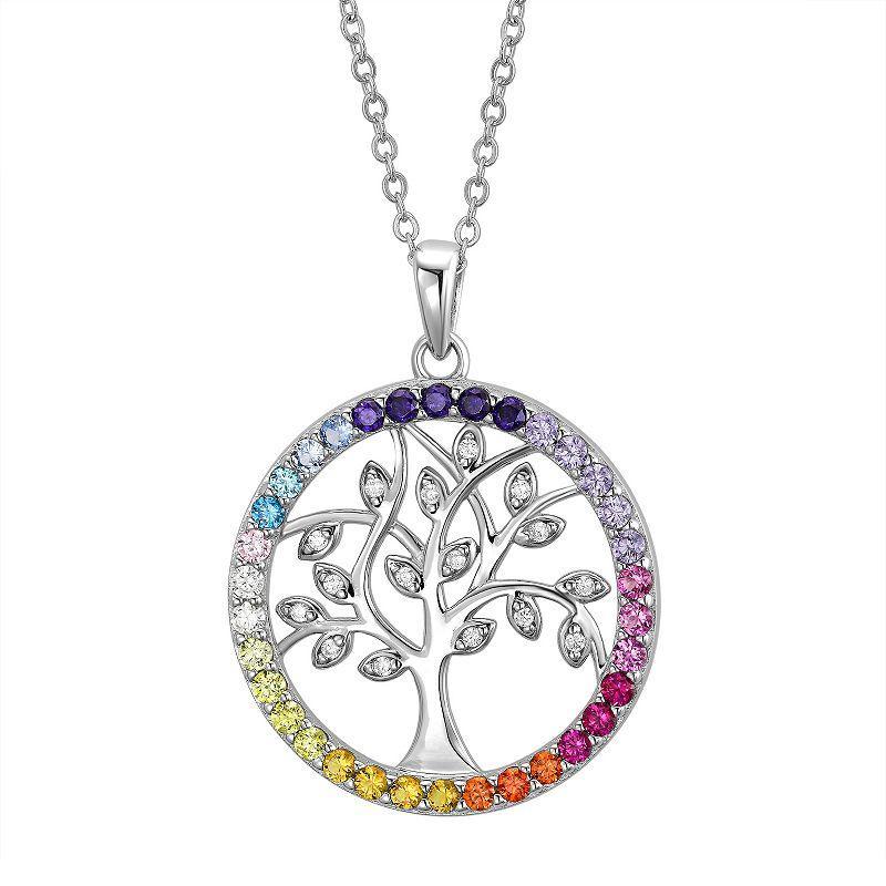 Sterling Silver Rainbow Cubic Zirconia Tree Of Life Pendant Necklace, Womens Product Image