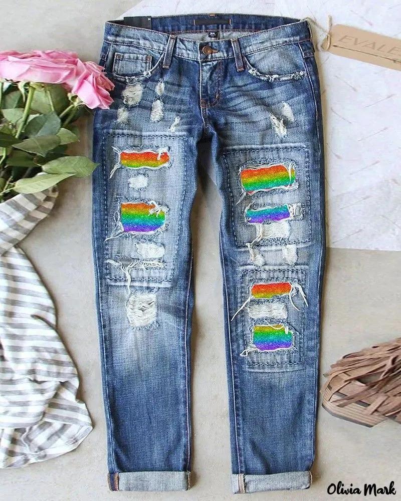 Olivia Mark – Rainbow Stripe Patchwork Jeans with Pocket Design Product Image