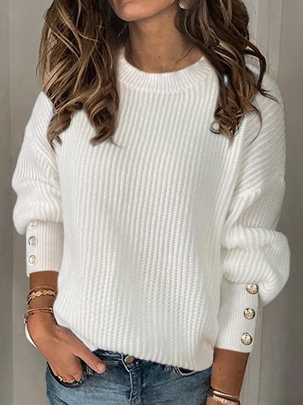 Long Sleeves Loose Buttoned Solid Color Split-Joint Round-Neck Pullovers Sweater Tops Product Image