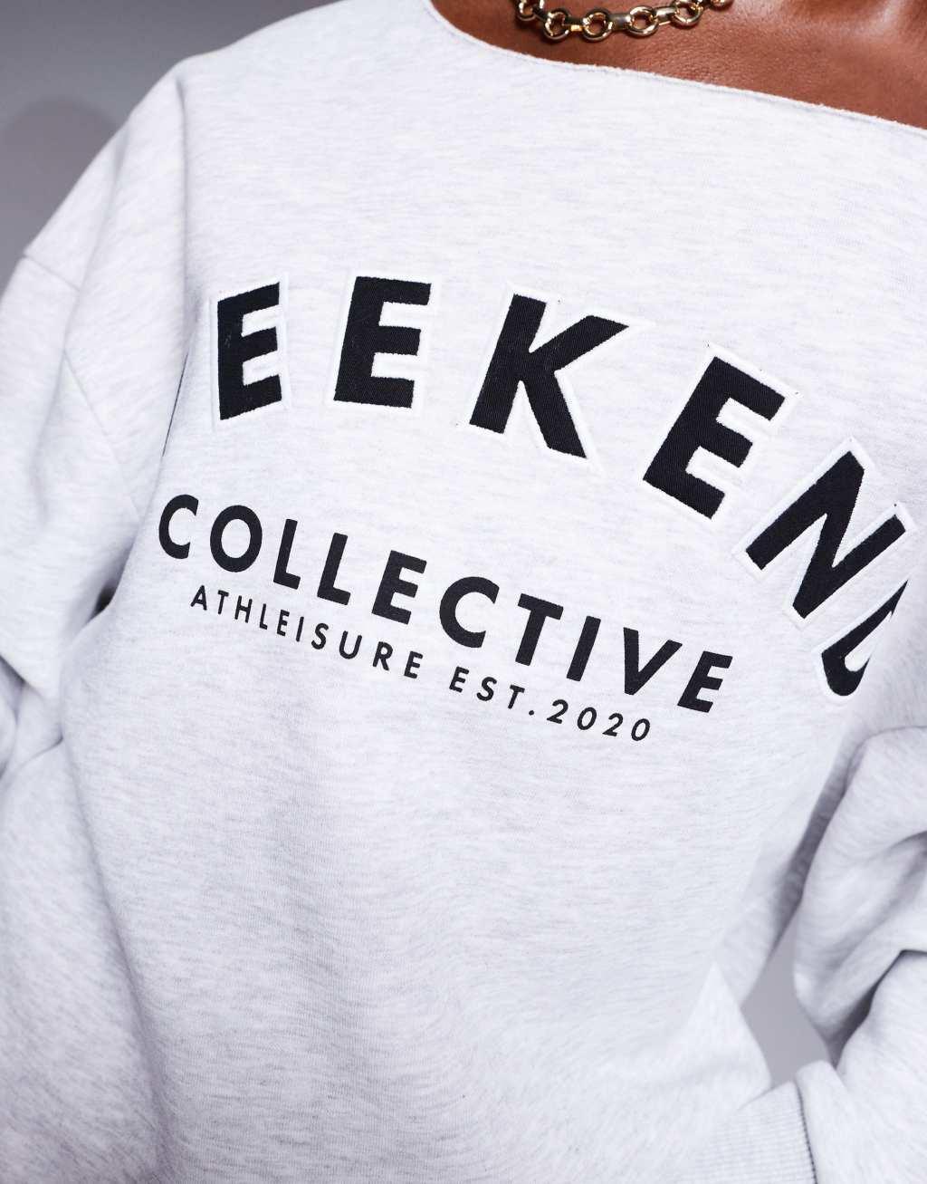 Weekend Collective off shoulder sweatshirt with logo embroidery in ice heather Product Image