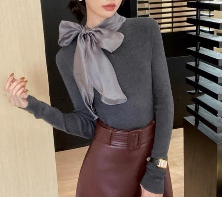 Long-Sleeve Ribbon Knot Plain Knit Top Product Image