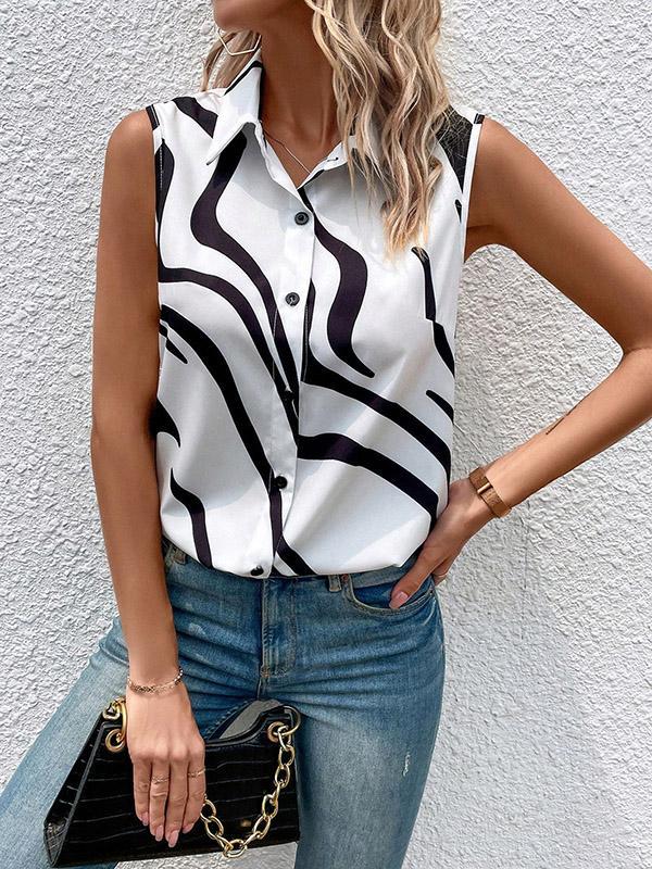 Loose Sleeveless Buttoned Printed Lapel Blouses&Shirts Tops Product Image