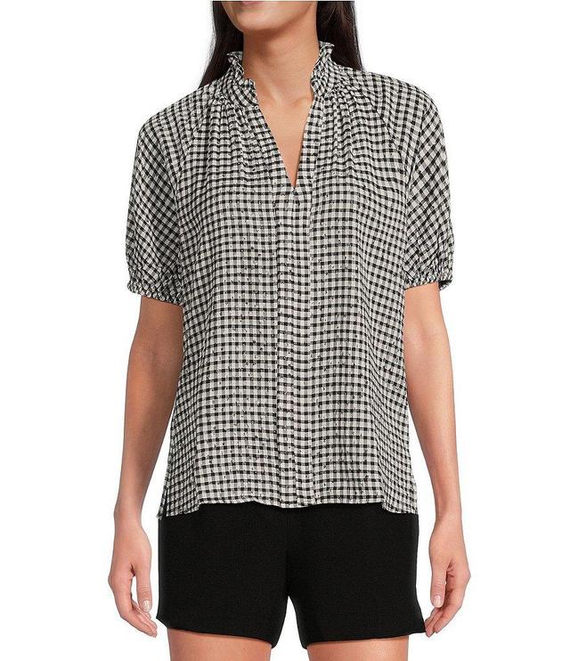 CeCe Woven Gingham Print Split V-Neck Short Sleeve Top Product Image