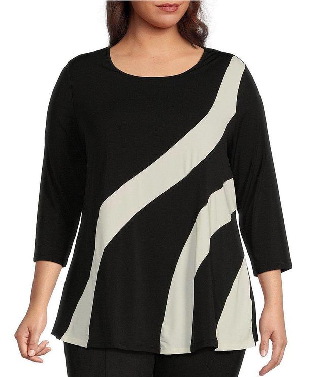 Slim Factor By Investments Plus Size Color Block Crew Neck 3/4 Sleeve Knit Top Product Image