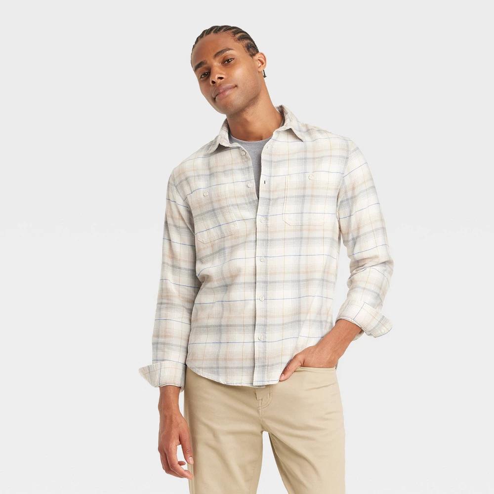 Mens Mid-Weight Flannel Long Sleeve Button-Down Shirt - Goodfellow & Co Cream M Product Image