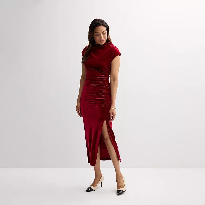 Womens Robbie Bee High Neck Ruched Velvet Midi Dress Product Image