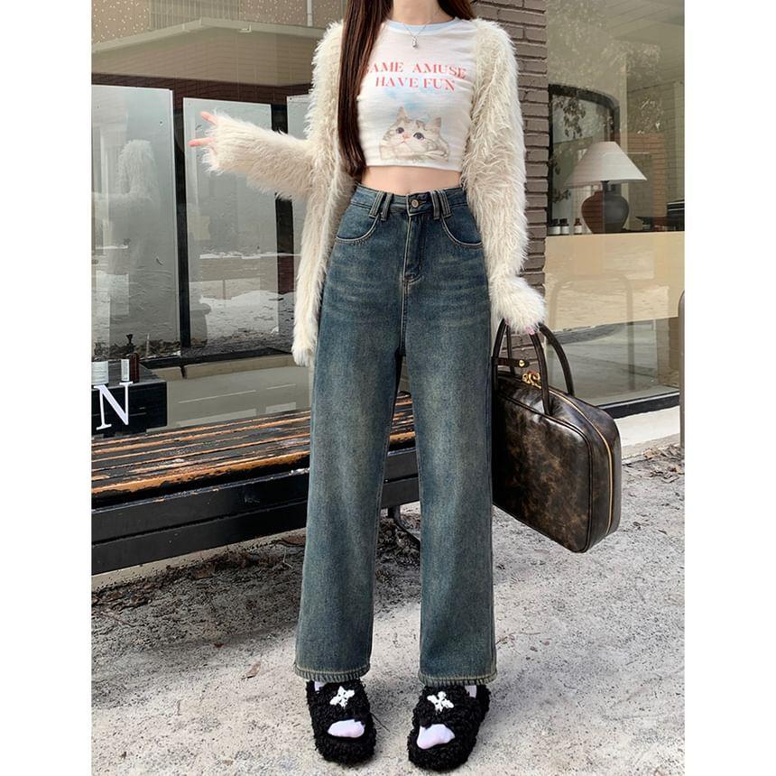 High Waist Washed Fleece-Lined Straight Leg Jeans Product Image