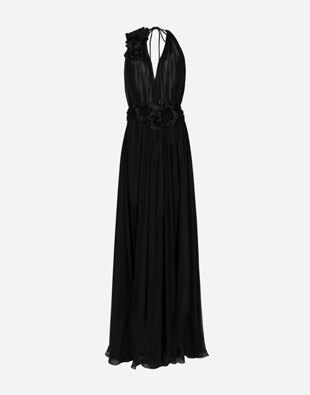 Long Silk Chiffon Dress With Floral Appliqué In Black Product Image