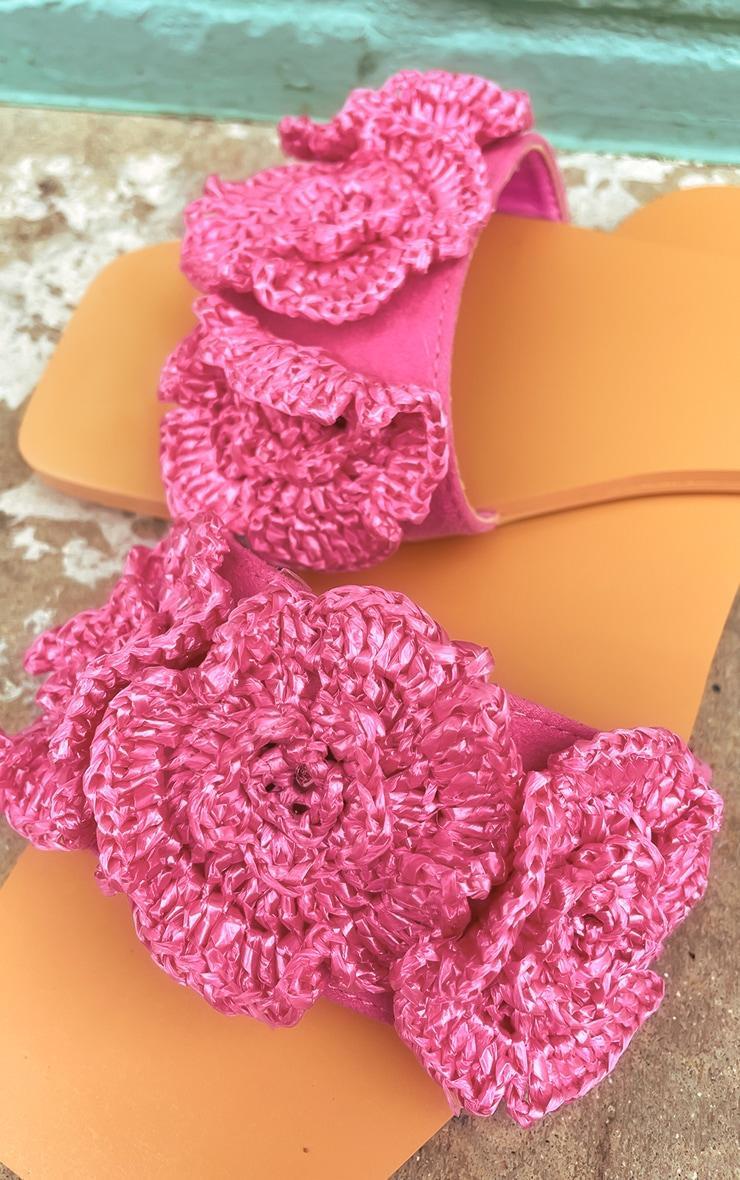 Pink Square Toe Crochet Flower Flat Sandals Product Image