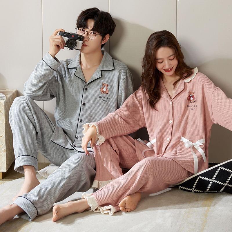 Couple Matching Loungewear Set : Long-Sleeve Bear Print Top + Pants Product Image