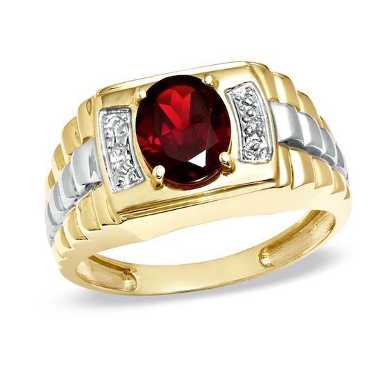 Men's Oval Garnet and Diamond Accent Ring in 10K Gold Product Image