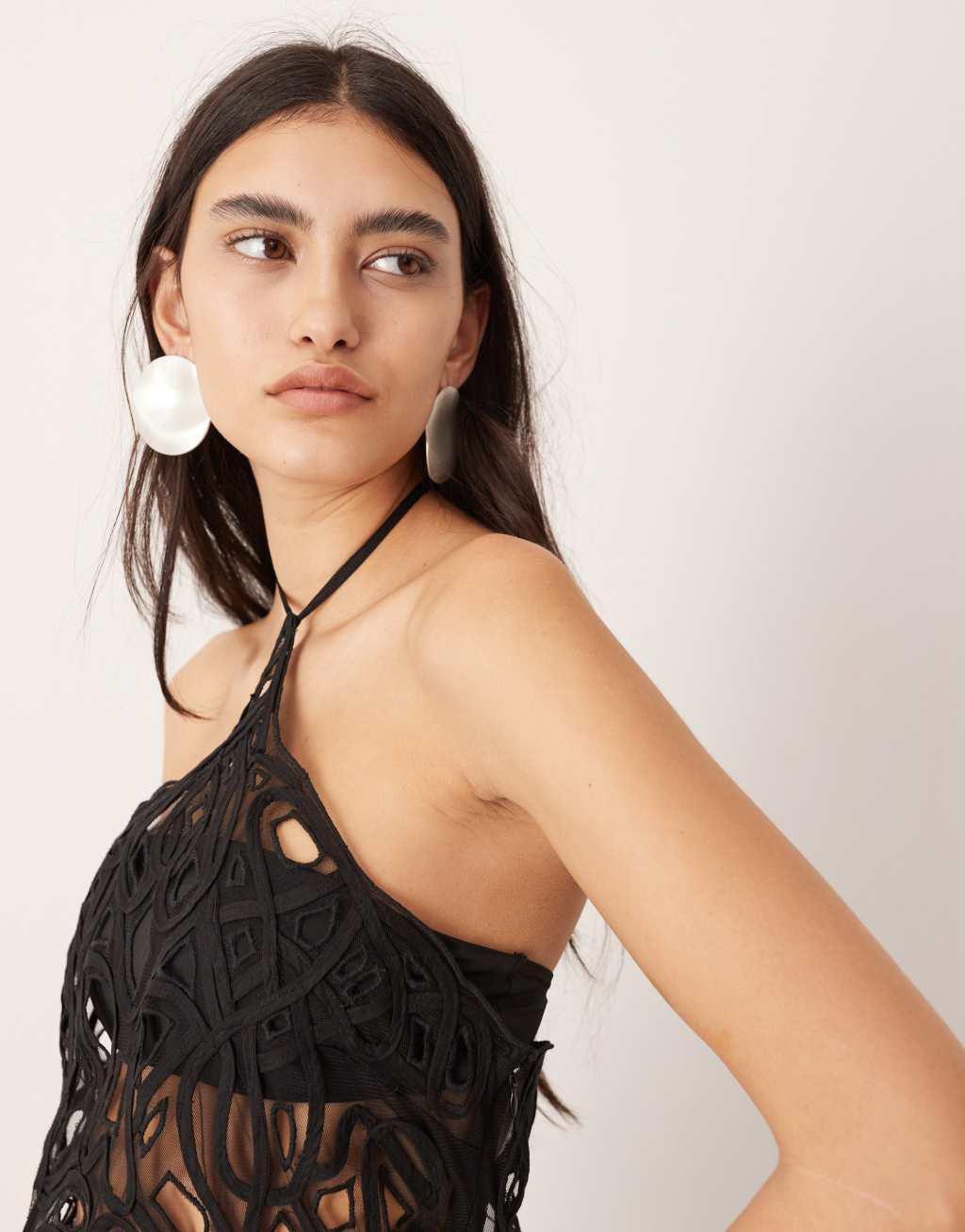 ASOS EDITION embroidered halterneck top with cut work in black Product Image