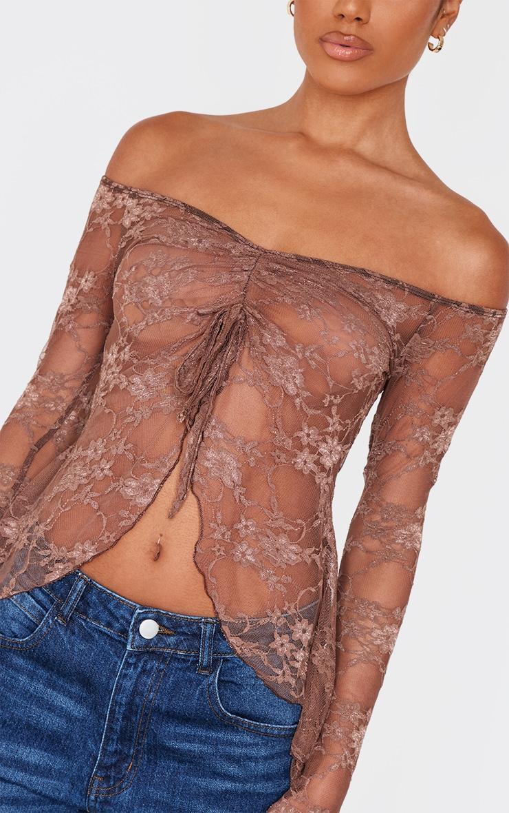 Taupe Bardot Lace Detail Flared Sleeve Long Top Product Image