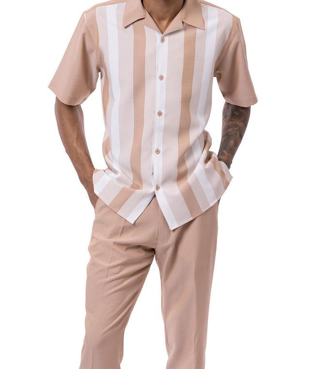 Beige Vertical Stripes Walking Suit 2 Piece Short Sleeve Set Product Image