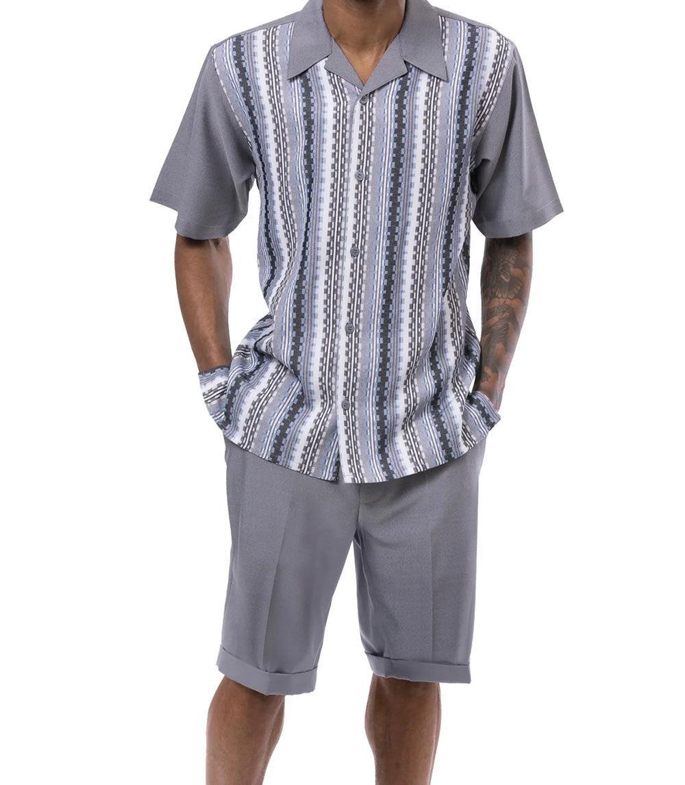 Gray Vertical Mini Plaid Walking Suit 2 Piece Set Short Sleeve Shirt with Shorts Product Image