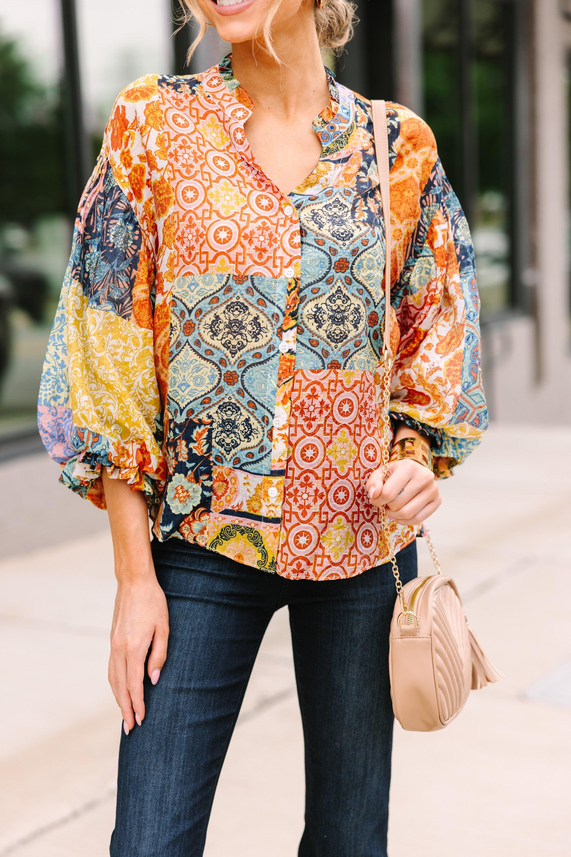 Fate: Soul Searching Mustard Yellow Mixed Print Blouse Female Product Image