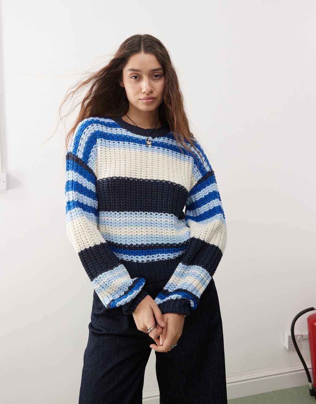 Noisy May chunky open knit sweater in cream & blue stripe Product Image