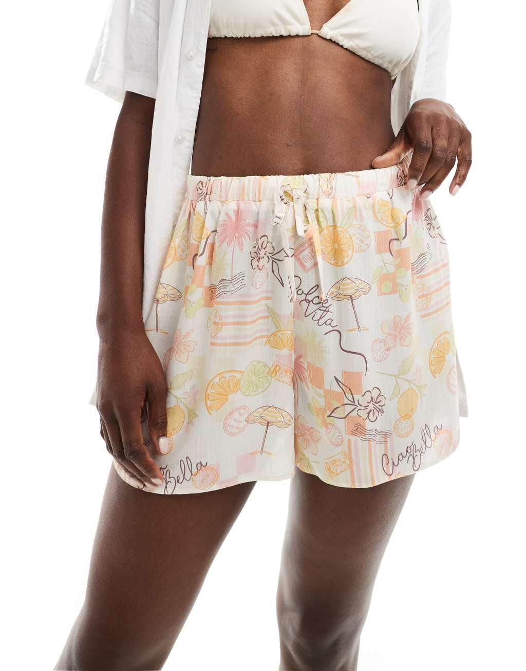 Miss Selfridge linen look pull on shorts in postcard print Product Image