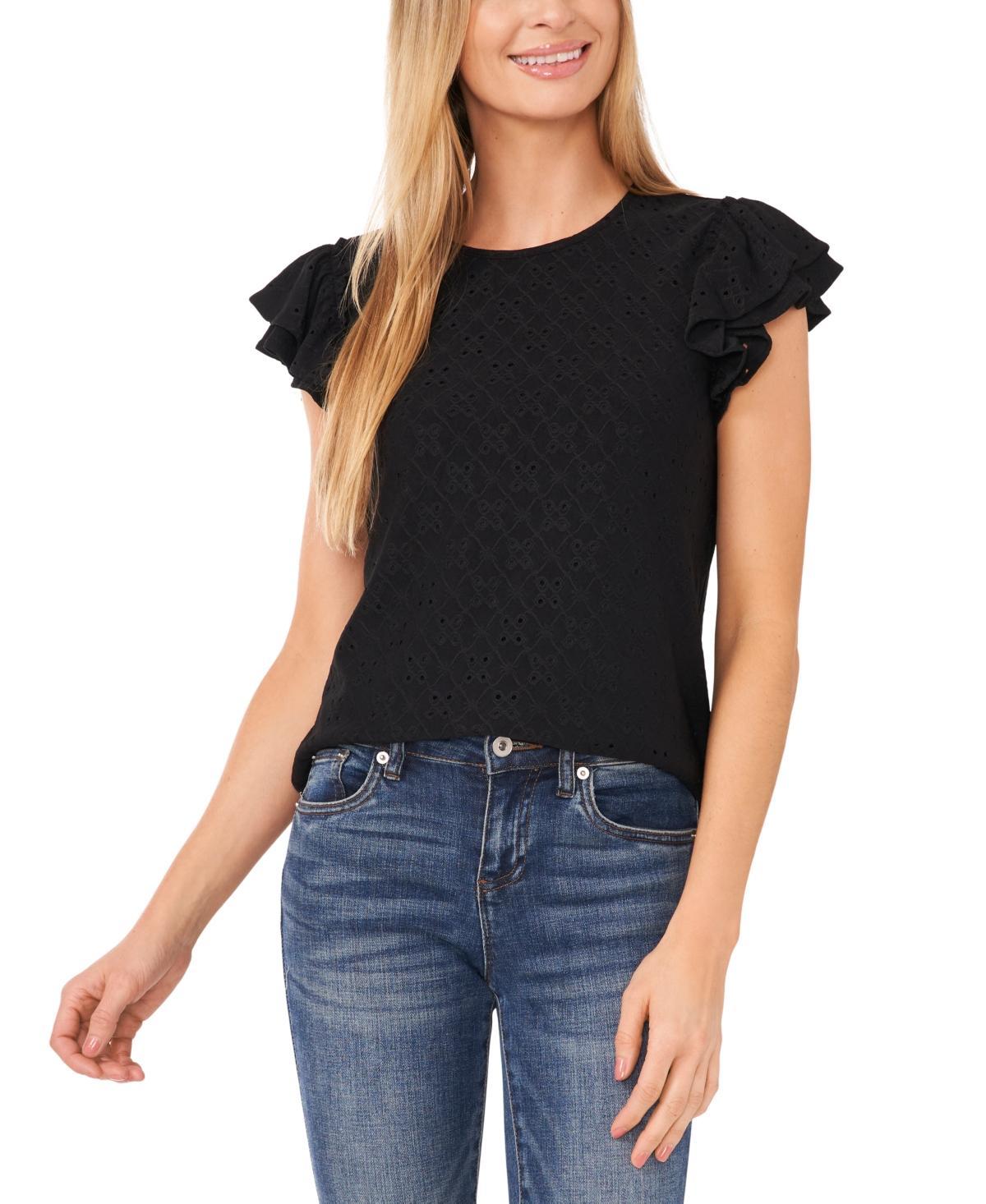 Women's Ruffled Short-Sleeve Eyelet Knit Top product image