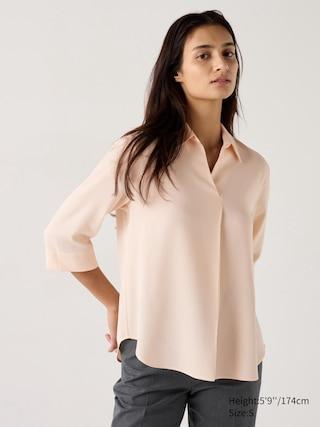 Womens Rayon Skipper Collar Blouse 3/4 Sleeve Pink 2XL UNIQLO US Product Image