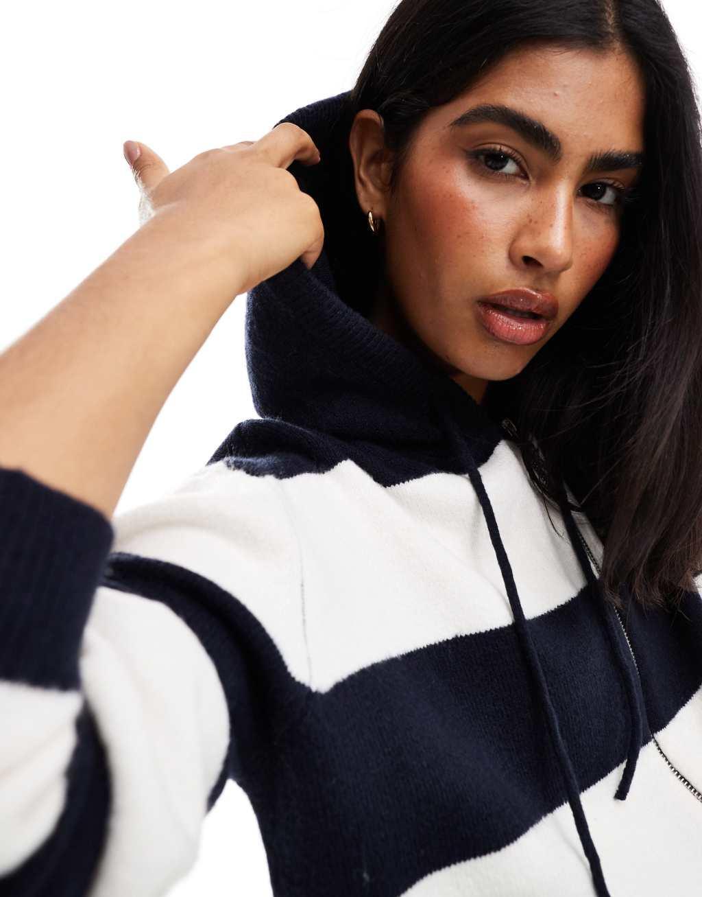 Miss Selfridge zip through crop knit hoodie in mono stripe Product Image