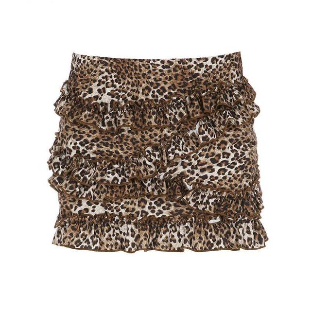 High Rise Leopard Ruffle Trim Mini Pencil Skirt Product Image