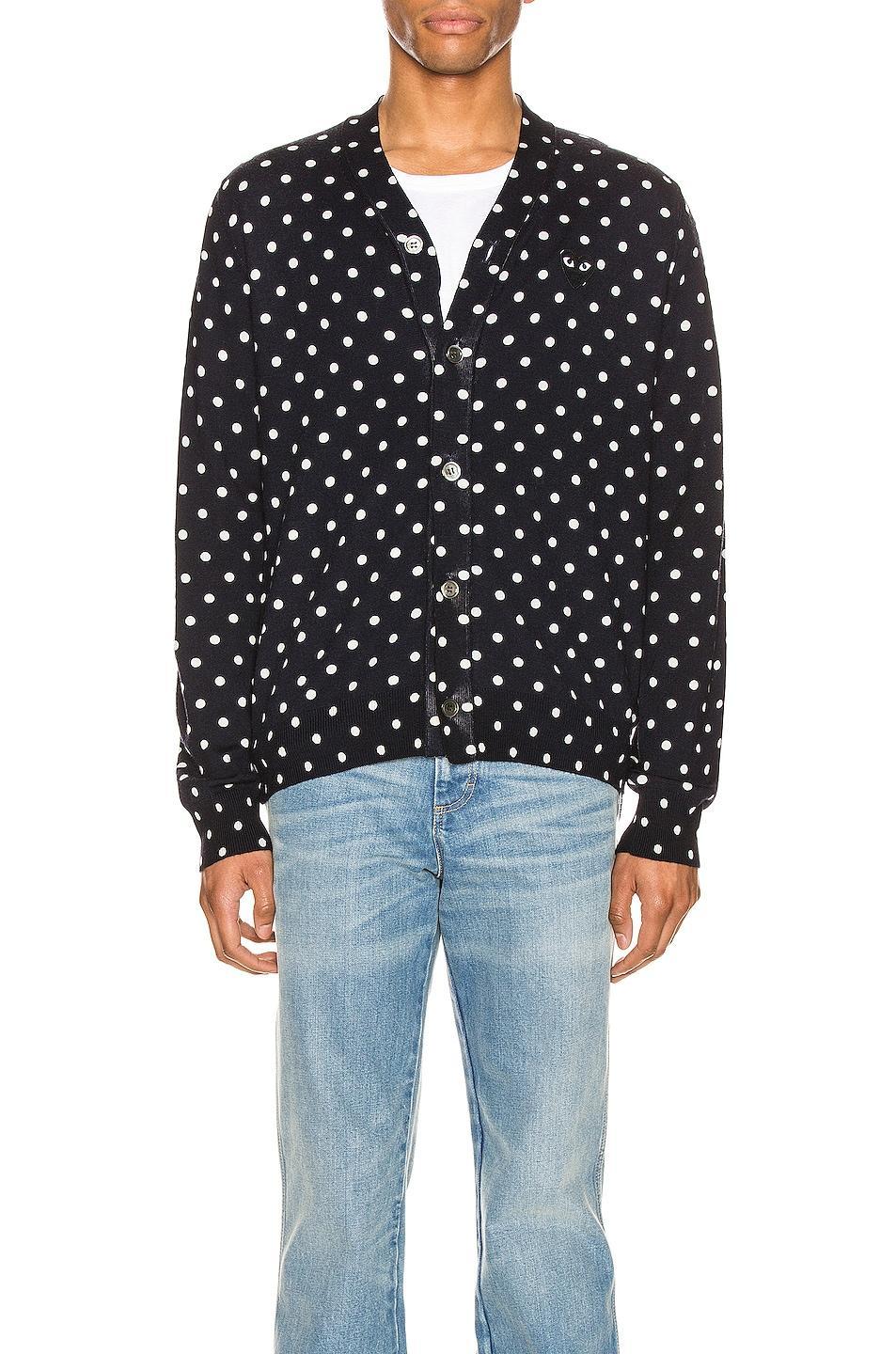 COMME des GARCONS PLAY Dot Print Wool Cardigan with Black Emblem in Black,Polka Dots Product Image