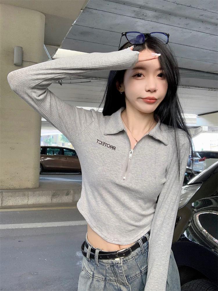 Long-Sleeve Half Zip Lettering Crop Polo Top Product Image