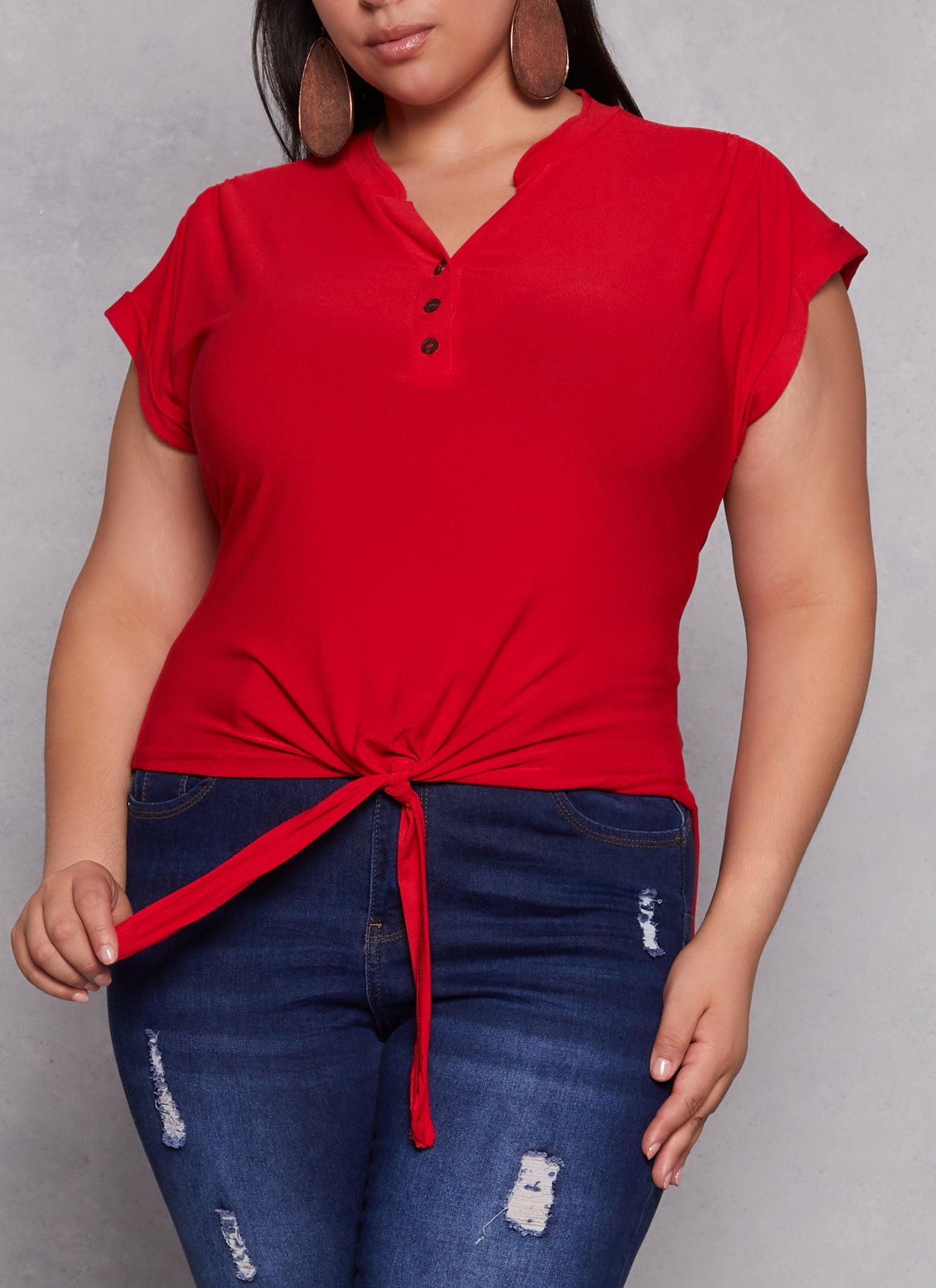 Womens Plus Size Tie Front Half Button High Low Top Product Image