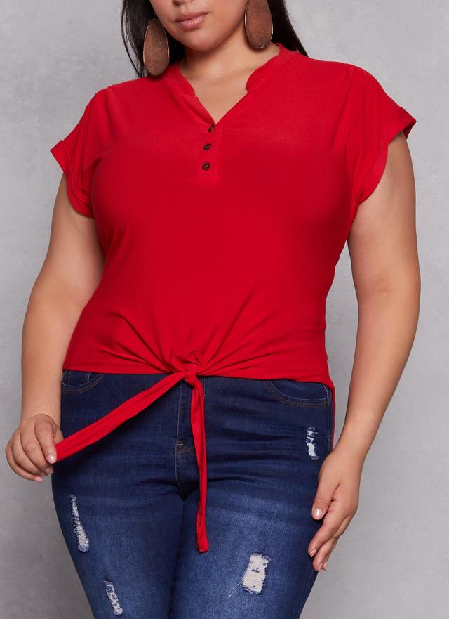 Womens Plus Size Tie Front Half Button High Low Top Product Image