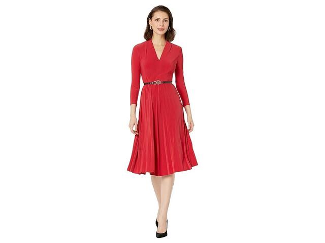 Tommy Hilfiger Long Sleeve V-Neck Jersey Dress with Pleated Skirt (Chili Pepper) Women's Dress Product Image