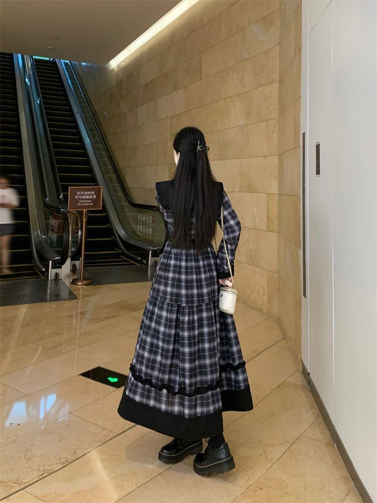 Set: Long-Sleeve Collar Plaid Midi A-Line Dress + Belt Product Image