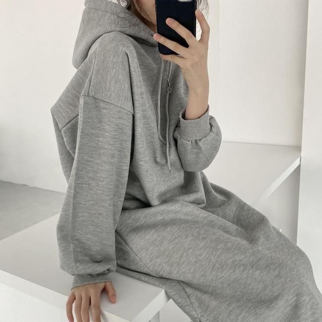 Long Sleeve Round Neck Loose Fit Hoodie Dress Product Image