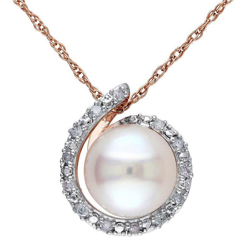 Stella Grace 10k Rose Gold Freshwater Cultured Pearl & Diamond Accent Swirl Halo Pendant Necklace, Womens White Product Image