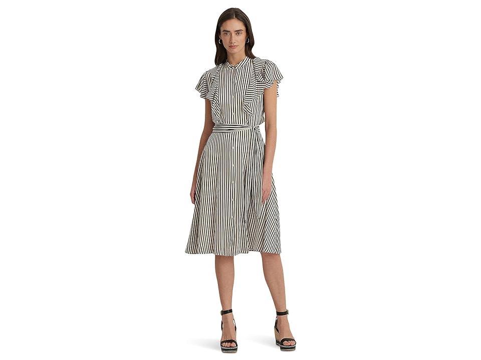 Lauren Ralph Lauren Striped Belted Chiffon Shirtdress (Cream/Black) Women's Dress Product Image